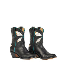 Angled side view of the Fraulein Butterfly Women's Cowboy Boot in black with white butterfly inlays