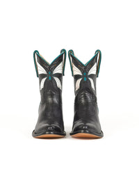 Front view of the Fraulein Butterfly cowboy boot in black with an almond toe and butterfly inlay