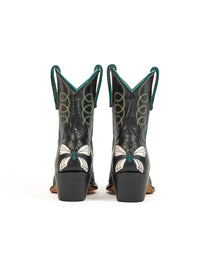 Back view of the Fraulein Butterfly cowboy boot in black with butterfly heel inlays and stitched shaft