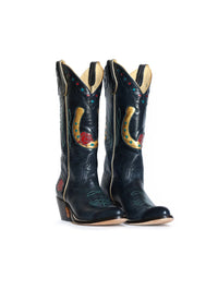 Angled view of the Fraulein Horse Girl Women's Cowboy Boots in navy with gold horseshoe inlays