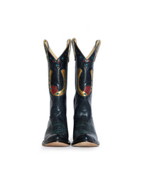 Front view of the Fraulein Horse Girl cowboy boot in navy with gold horseshoes and roses