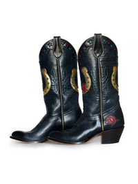 Inside profile of the Fraulein Horse Girl cowboy boot in navy with turquoise stitching
