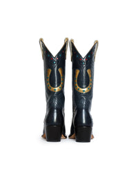 Back view of the Fraulein Horse Girl cowboy boot in navy with gold horseshoe and stacked heel