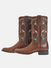 Front view of the Roper Women's Cowboy Boot in brown leather with turquoise embroidered details by FRAULEIN