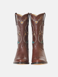 Front view of the brown Roper Women's Cowboy Boot by Fraulein with turquoise and cream stitched embellishments