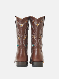 Back view of the Roper Women's Cowboy Boot in brown leather with embroidered teal accents by FRAULEIN