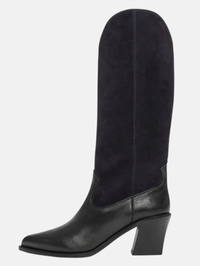 Side view of the Nancie Boot in navy suede and black leather combo by FREDA SALVADOR