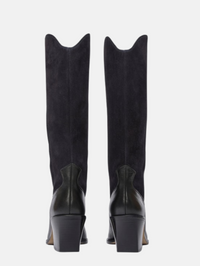 Back view of the Nancie Boot in navy suede combo by Freda Salvador with chunky block heel