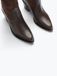 Close-up of the Nancie Boot in Sable Suede Combo by FREDA SALVADOR with pointed toe and block heel
