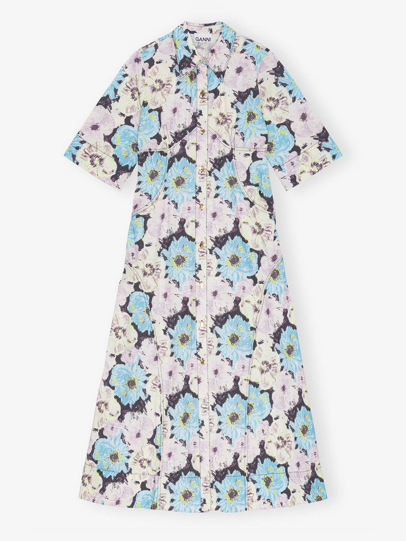 Floral Printed Cotton Long Shirt Dress