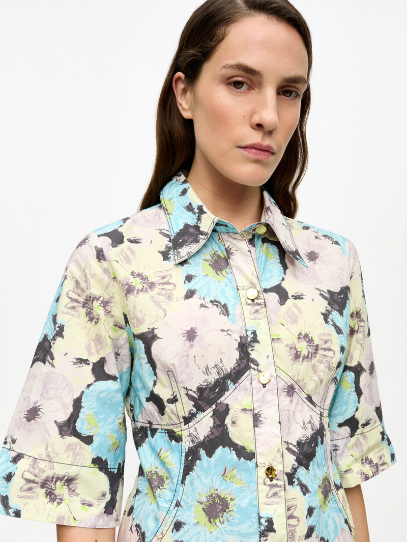 Floral Printed Cotton Long Shirt Dress