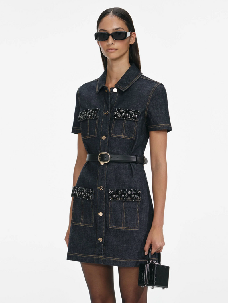 Indigo Denim Crystal Trim Mini Dress