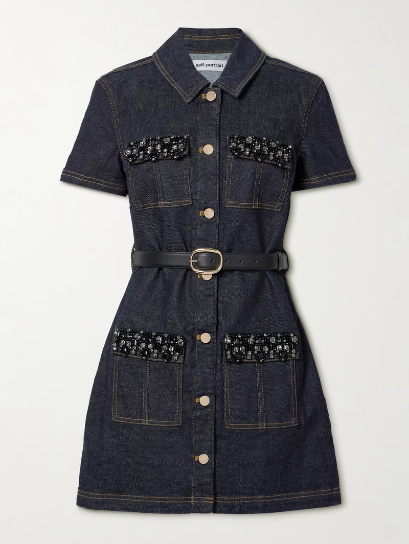 Indigo Denim Crystal Trim Mini Dress