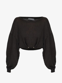 Front view of the Destinee cropped top in black by IRO with cinched waist and balloon sleeves