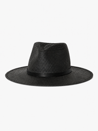 Front view of the Sherman straw hat in black by Janessa Leone with black grosgrain band