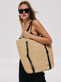 Tanner Raffia Hat Tote Bag in Natural by JANESSA LEONE - View 5