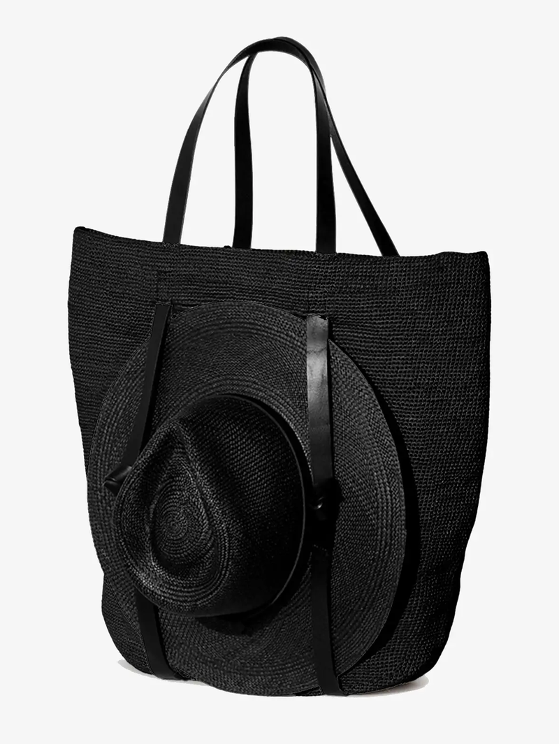 Tanner Raffia Hat Tote Bag in Black