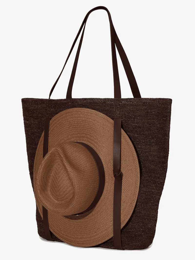 Tanner Raffia Hat Tote Bag in Chocolate