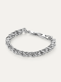 Flat lay of the Rizzo Bracelet in High Polish Silver by Jenny Bird with twisted chain link design
