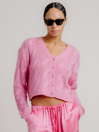 Jolie Cropped Cable Cashmere Cardigan in Dahlia Pink