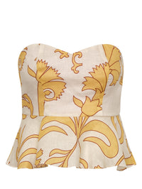 JUAN DE DIOS Peplum Linen Top in YELLOW FLOWERS – Image 3