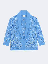 Front view of the KUJTEN Cody Bandana Bico cashmere cardigan in Sky Blue with bandana embroidery