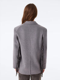 Back view of the KUJTEN G3 cashmere blazer in Flannel Gray with leather fringe down the sleeves