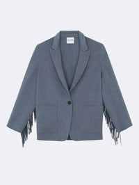 Flat lay of the KUJTEN G3 cashmere blazer in Flannel Gray with peak lapels and fringe trim