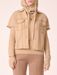 Front view of the Jessinda Jacket in latte by Kujten with short frayed sleeves and contrast topstitching