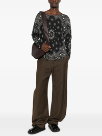 Front view of the Mela Bandana Bico Pullover in Noir Blanc by Kujten, styled with brown trousers