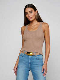 Front view of the Adira Tank in Portabella by L'AGENCE, styled with light blue denim