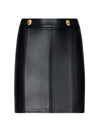 Flat lay of the L'AGENCE Arlena Vegan Leather Mini Skirt in Black with gold buttons at the waistband.