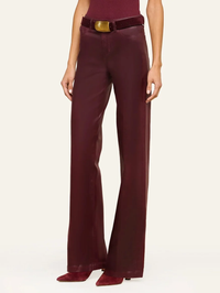 Front view of the Clayton High Rise Wide Leg Pant in Deep Sangria Coated by L'AGENCE with gold belt