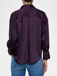 Back view of the L'AGENCE Eliora Relaxed Blouse showing the yoke and draped cuffs in midnight and sangria stripe.