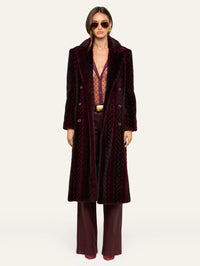 Front view of the L'AGENCE Icelyn Long Coat in Burgundy/Dark Burgundy braid faux fur, styled open