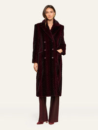 Front view of the L'AGENCE Icelyn Long Coat buttoned in Burgundy/Dark Burgundy faux fur