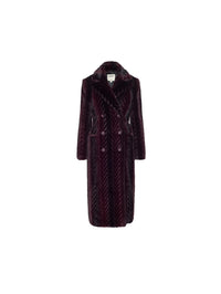 Flat lay of the L'AGENCE Icelyn Long Coat in Burgundy/Dark Burgundy double breasted faux fur