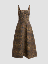 Front view of the L'AGENCE Jovie Bustier Midi Dress in Zephyr leopard print denim with a bustier bodice.