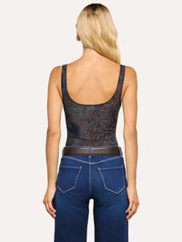 Back view of the L'AGENCE Kalea Mesh Bodysuit in Midnight Multi Lux Paisley showing the low scoop back.