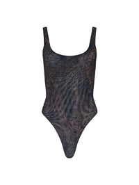 Flat lay of the L'AGENCE Kalea Mesh Bodysuit in Midnight Multi Lux Paisley on white.
