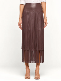 Front view of the Karolina Fringe Skirt in Dark Malbec by L'AGENCE with layered leather fringe hem