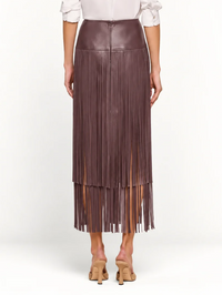 Back view of the Karolina Fringe Skirt in dark malbec by L'AGENCE with long fringe detailing