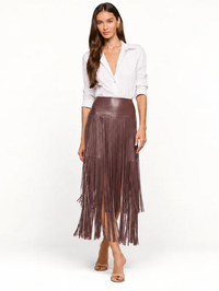 Front view of the Karolina Fringe Skirt in Dark Malbec by L'AGENCE, paired with a white button-up shirt