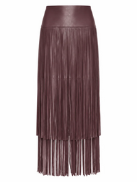 A dark brown faux-leather fringe midi skirt with a wide matching waistband, shown against a plain white background.