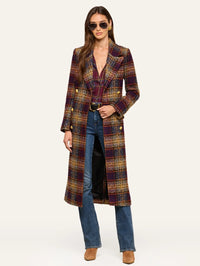 Front view of the L'AGENCE Kolina Tweed Long Coat in Navy/Burgundy Multi Tweed worn open over jeans.