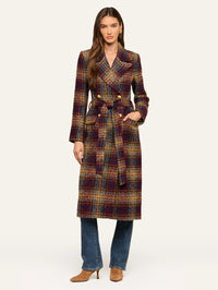 Belted front view of the L'AGENCE Kolina Tweed Long Coat in Navy/Burgundy Multi Tweed.