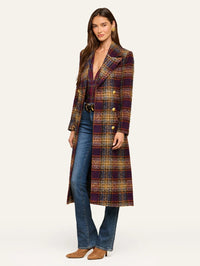 Three-quarter view of the L'AGENCE Kolina Tweed Long Coat worn open in navy and burgundy plaid tweed.
