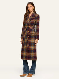 Three-quarter view of the belted L'AGENCE Kolina Tweed Long Coat in Navy/Burgundy Multi Tweed.