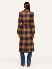 Back view of the L'AGENCE Kolina Tweed Long Coat showing the belt and buttoned cuffs in navy burgundy plaid.