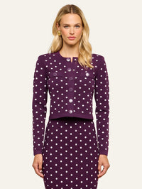 Front view of the Kota Jacquard Cardigan by L'AGENCE buttoned in Dark Plum/Ivory Polka Dot
